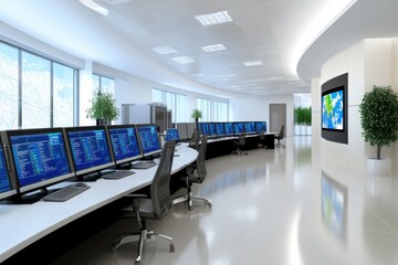 Modern command center with multiple monitors and world map screen, sleek office design, environment protection concept
