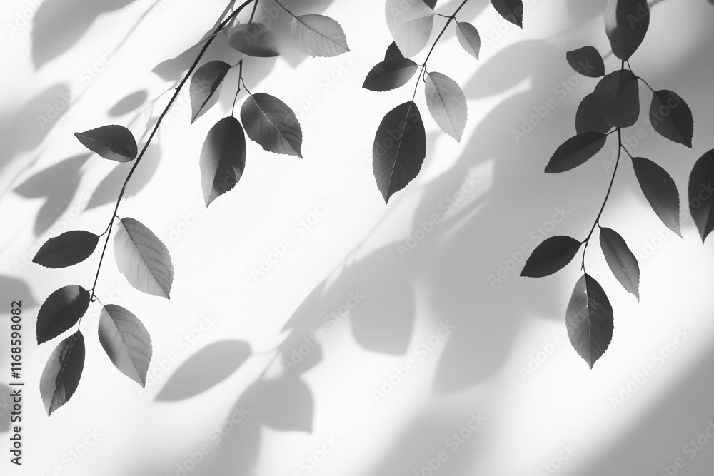 Poster shadows of leaves create a tranquil pattern on a soft white background during daylight hours