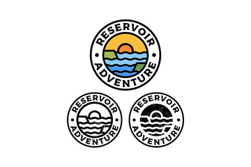 ocean with island and sunset circle badge vector illustration template graphic design collection with colorful, filled and line art style for adventure and outdoors merchandise and other uses.