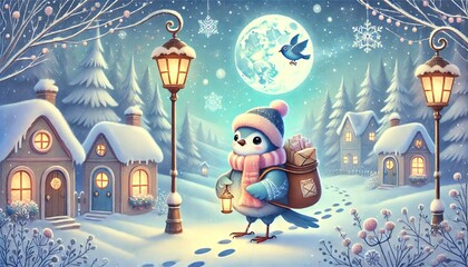 A warm and enchanting winter scene of a bird postman on a snowy path delivering magical letters in a serene forest village
