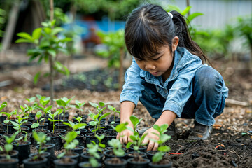 Planting Seedlings in a School Garden by Young Student During Spring