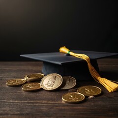 graduation hat and stack of coins