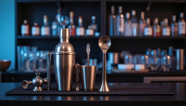 Elegant bartender tools on sleek bar counter in modern setting, craftsmanship