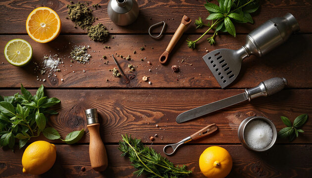 Vintage bartender tools and fresh ingredients on rustic wood, nostalgia