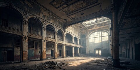 Obraz premium Abandoned Urban Building Interior, Decaying Architecture, Grungy Room, Vintage Aesthetic, Mysterious Atmosphere