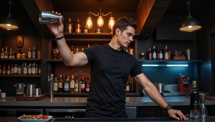 Talented bartender executing flair bartending tricks at industrial bar, skill showcase