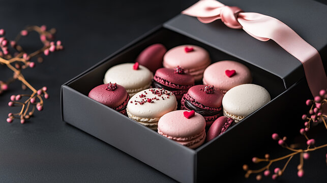 A black gift box tied with a pink ribbon holds an assortment of pink and white macarons, adorned with heart decorations and sprinkles, creating a romantic and elegant Valentine's Day presentation.