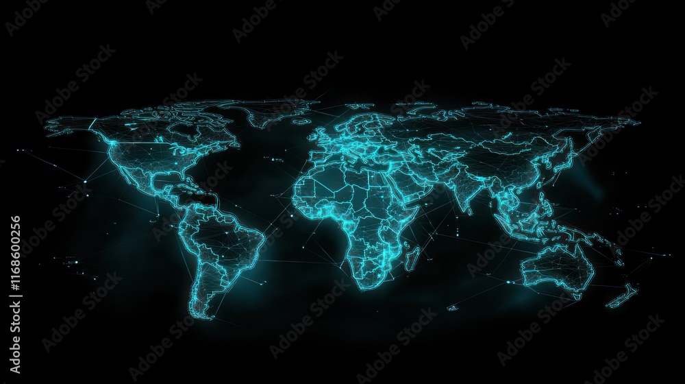 Poster glowing world map with connecting lines on black background.