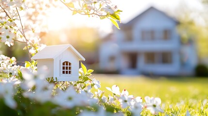 Miniature white house nestled in blooming dogwood tree, large house blurred in background.