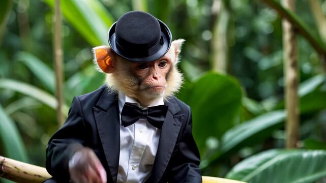A mischievous capuchin monkey wearing a tiny top hat and bow tie