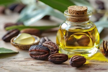 Jojoba oil in a glass bottle with seeds and natural butter on a wooden surface