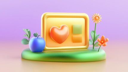 Vibrant 3D Render Golden Frame with Heart Apple Flowers Illustrating Health and Wellness