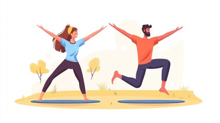 Happy couple practicing yoga outdoors, man and woman in different poses on mats in park.