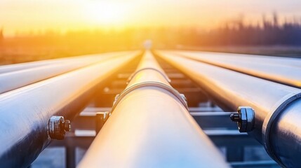 Long Metallic Pipes Leading Towards a Bright Sunrise Over a Rural Landscape