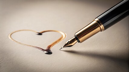 Fototapeta premium A single pen lying on a desk with ink flowing out of it, creating a heart shape on the surface