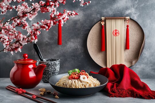 Traditional changshou mian longevity noodles with festive decor. Chinese cuisine and dough dishes concept. For Chinese New Year, Spring Festival. Close-up food shot for poster, menu, card
