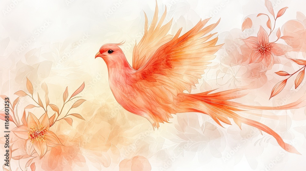 Poster graceful red bird in flight surrounded by elegant floral elements and soft background