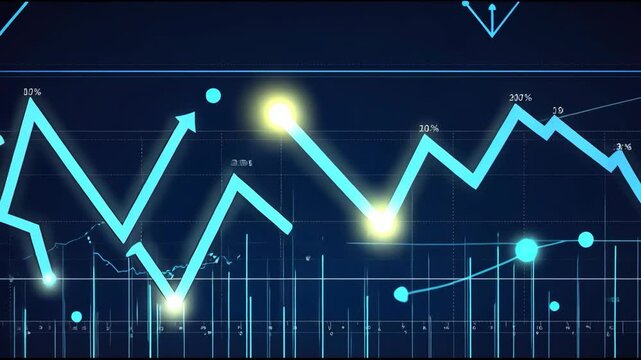 Video footage of glowing blue line graph with data points and percentages on a dark background, symbolizing financial statistical analysis