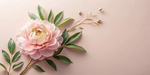 Naklejka premium A delicate peony flower blooms on a soft pastel pink paper background, surrounded by intricate greenery and subtle golden accents , blooms, spring flowers