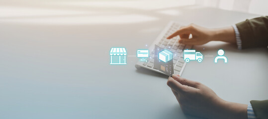 Online shopping and credit card payment concept, person is shopping on an online shopping website, purchasing goods and services securely, debiting credit card to pay for goods on the internet.