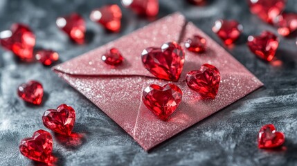 Red Crystal Hearts Adorn Glittery Envelope