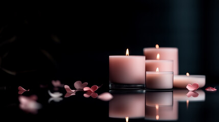 A group of softly glowing pink candles of different sizes, surrounded by delicate pink petals on a reflective black surface, setting a warm and intimate Valentine's Day atmosphere.