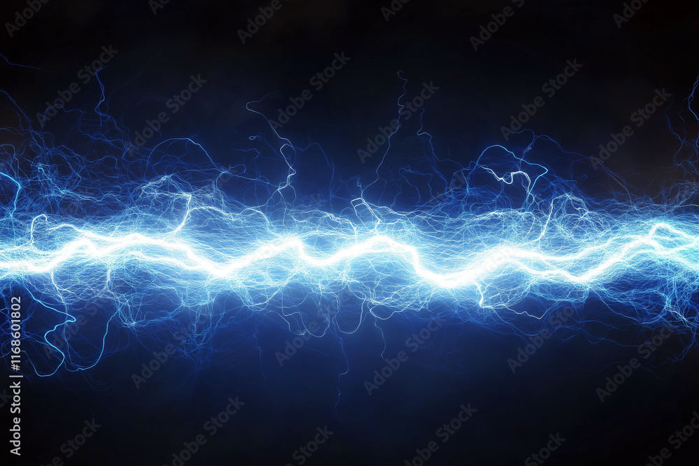 Poster abstract visualization of electricity flow through transparent circuits with glowing blue and white 