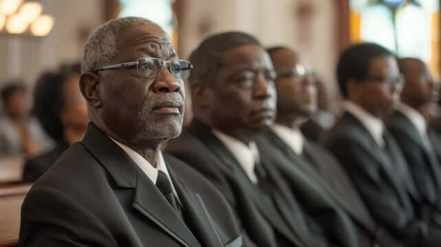 African American men in black suits sitting solemnly in rows during a formal church service - Powered by Adobe