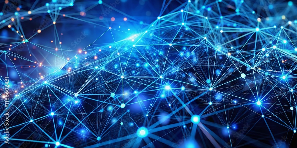 Poster abstract blue digital data visualization background: complex network of lines and plexus