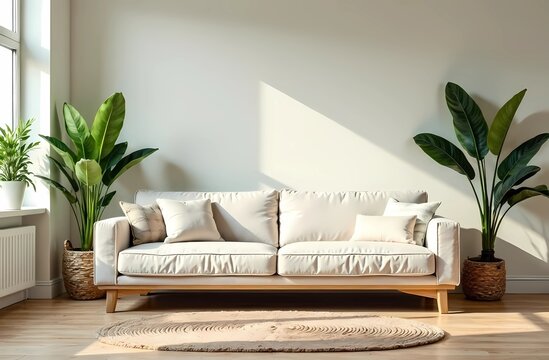 Fototapeta Minimalistic, modern Scandinavian style living room interior with green plants 