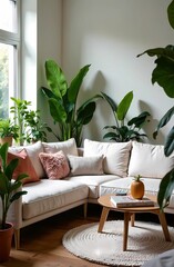Minimalistic, modern Scandinavian style living room interior with green plants 
