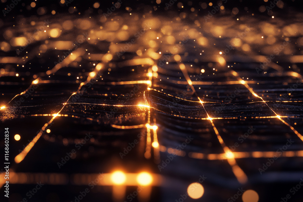 Poster visualization of electricity flowing through a grid of metallic wires, glowing intensely in a darken