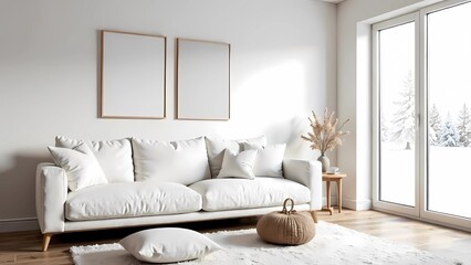 Living room with a minimalist design: white diva, wall decor and a large window overlooking a serene white landscape creating a Scandinavian-inspired look