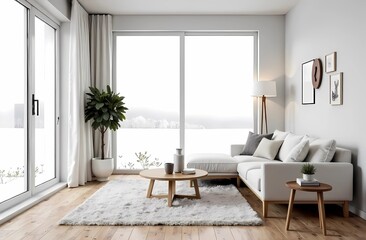Fototapeta premium Living room with a minimalist design: white diva, wall decor and a large window overlooking a serene white landscape creating a Scandinavian-inspired look