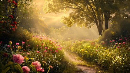 Obraz premium countryside path with blooming flowers
