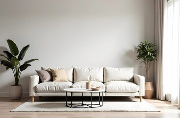 Modern, well-lit living room with stylish white sofa and indoor plants