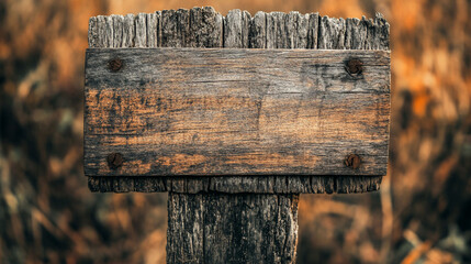 Rustic wooden sign, blank, outdoors.