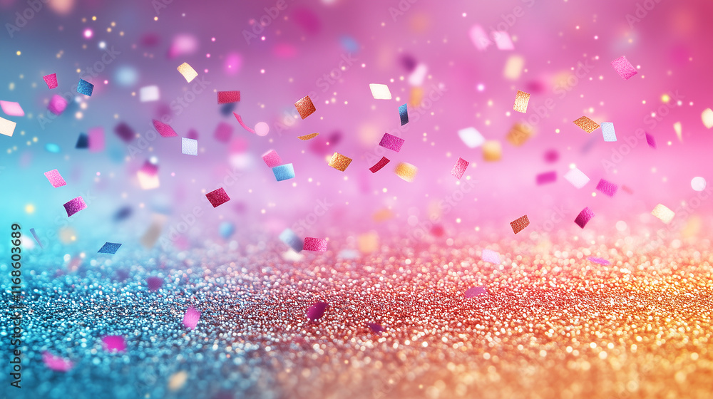 Wall mural falling multicolored confetti on a shiny texture background with smooth gradients and festive bokeh.