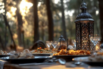 Romantic dinner in the woods at sunset with traditional food and lanterns