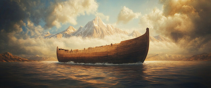 Noah Ark in deluge of water. The destruction of wicked people and the Nephilim in Noah's day. Earth&rsquo;s Deluge, and Preservation of Eight Lives in Noah's day, Noah S dove ark journey,