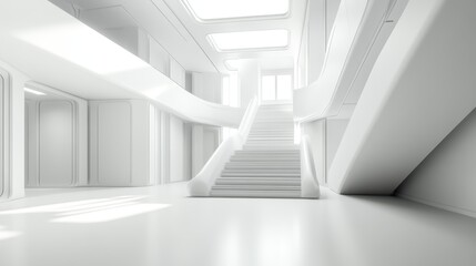 Modern white minimalist interior with staircase.