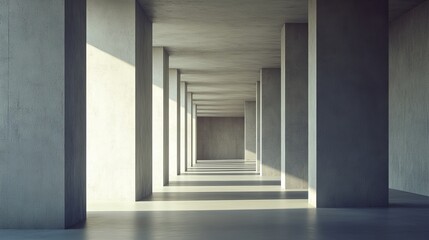 Obraz premium Sunlit concrete corridor with rows of pillars.
