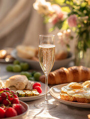 Sunny brunch with champagne, pastries, fruit, and eggs.
