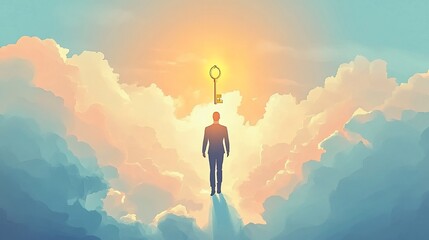 A silhouette of a person stands in clouds, gazing at a glowing key above.