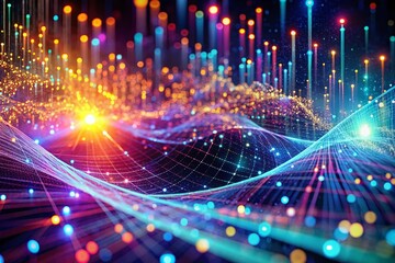 Abstract Digital Data Flow: Binary Code Stream on Glowing Network Background