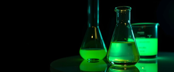 Glowing Green: Erlenmeyer flasks filled with vibrant, luminous liquid against a stark black backdrop.  A captivating science experiment!