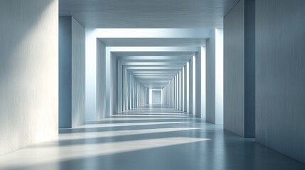 Fototapeta premium Sunlit minimalist hallway with repeating rectangular columns.