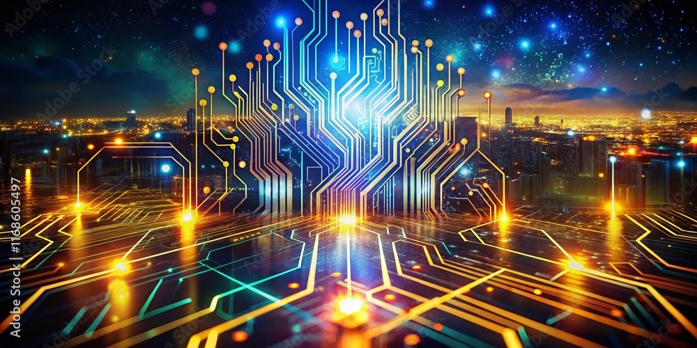 Poster abstract futuristic circuit board: glowing tech innovation double exposure stock photo