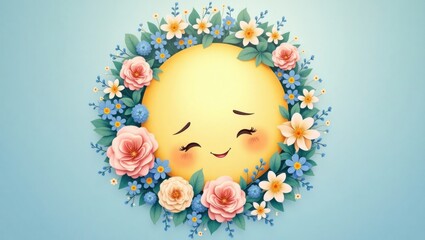 A serene and dreamy illustration of the Good Night Moon characters surrounded by a lush, vibrant flower wreath, set against a soft, gradient blue background that evokes a sense of twilight. The moon, 