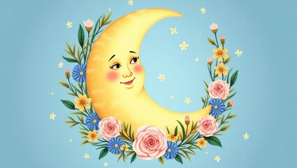 A serene and dreamy illustration of the Good Night Moon characters surrounded by a lush, vibrant flower wreath, set against a soft, gradient blue background that evokes a sense of twilight. The moon, 